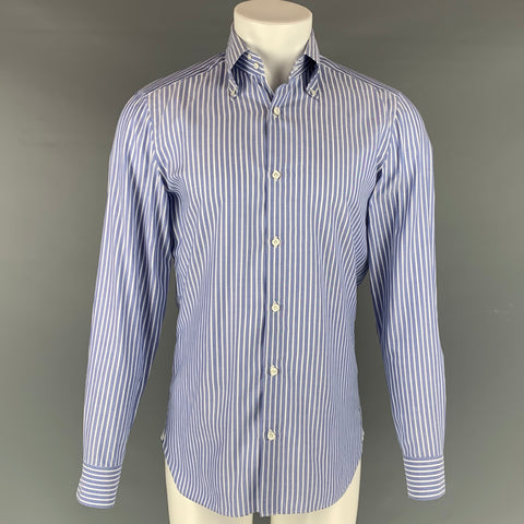 LUIGI BORRELLI Talla M Camisa de manga larga con botones de algodón a rayas azules y blancas