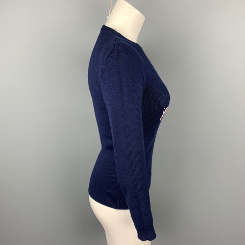 VINTAGE Taille M Marine Tricoté Pull Acrylique Brodé