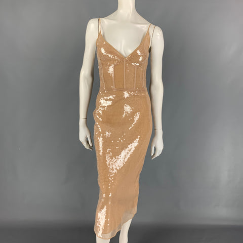DAVID KOMA Vestido de cóctel midi de seda con lentejuelas beige talla 4