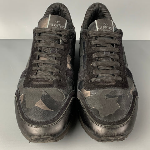 VALENTINO Taille 10 Baskets Rockrunner en cuir camouflage noir argenté
