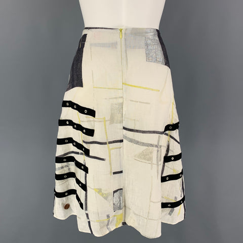 HUGO by HUGO BOSS Size 2 White Black Yellow Linen Ribbon A-Line Below Knee Skirt