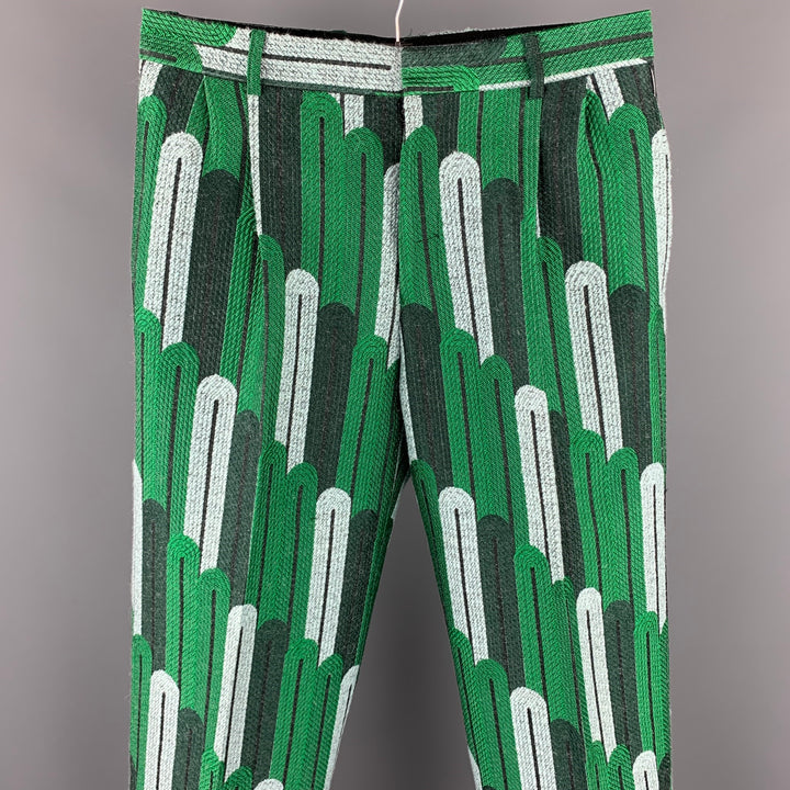 WALTER VAN BEIRENDONCK F/W 16 Size 32 Green & Light Blue Brocade Polyester Blend Wide Leg 2003 Balak Short Pants