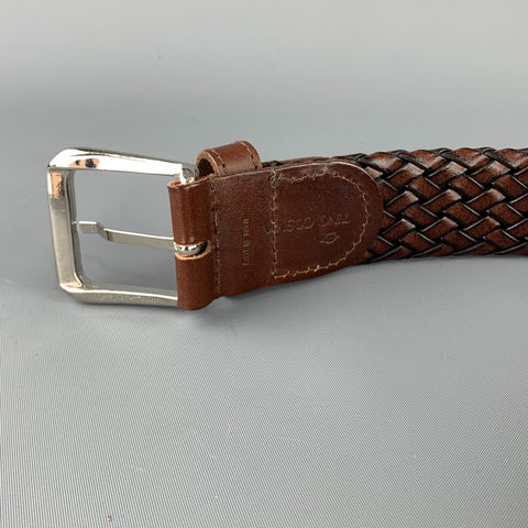 TINO COSMA Size 36 Woven Brown Leather Silver Chrome Buckle Belt