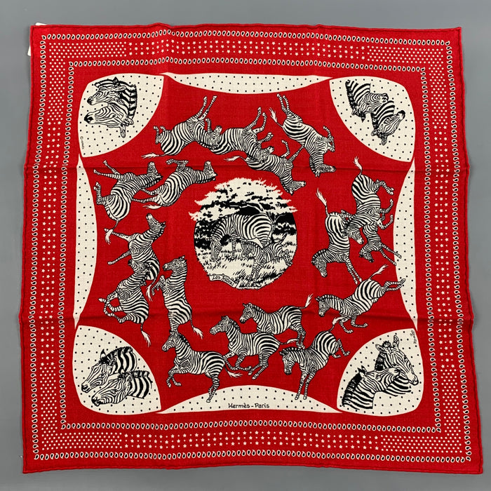 HERMES Les Zebres by Robert Dallet Red Black White Cashmere Silk Bandana Scarf