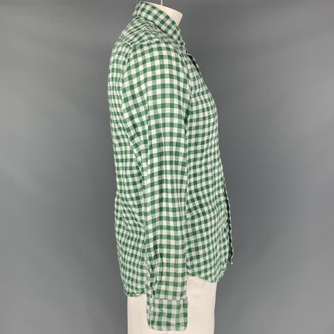 J CREW Size L Green White Checkered Linen &  Cotton Button Down Long Sleeve Shirt
