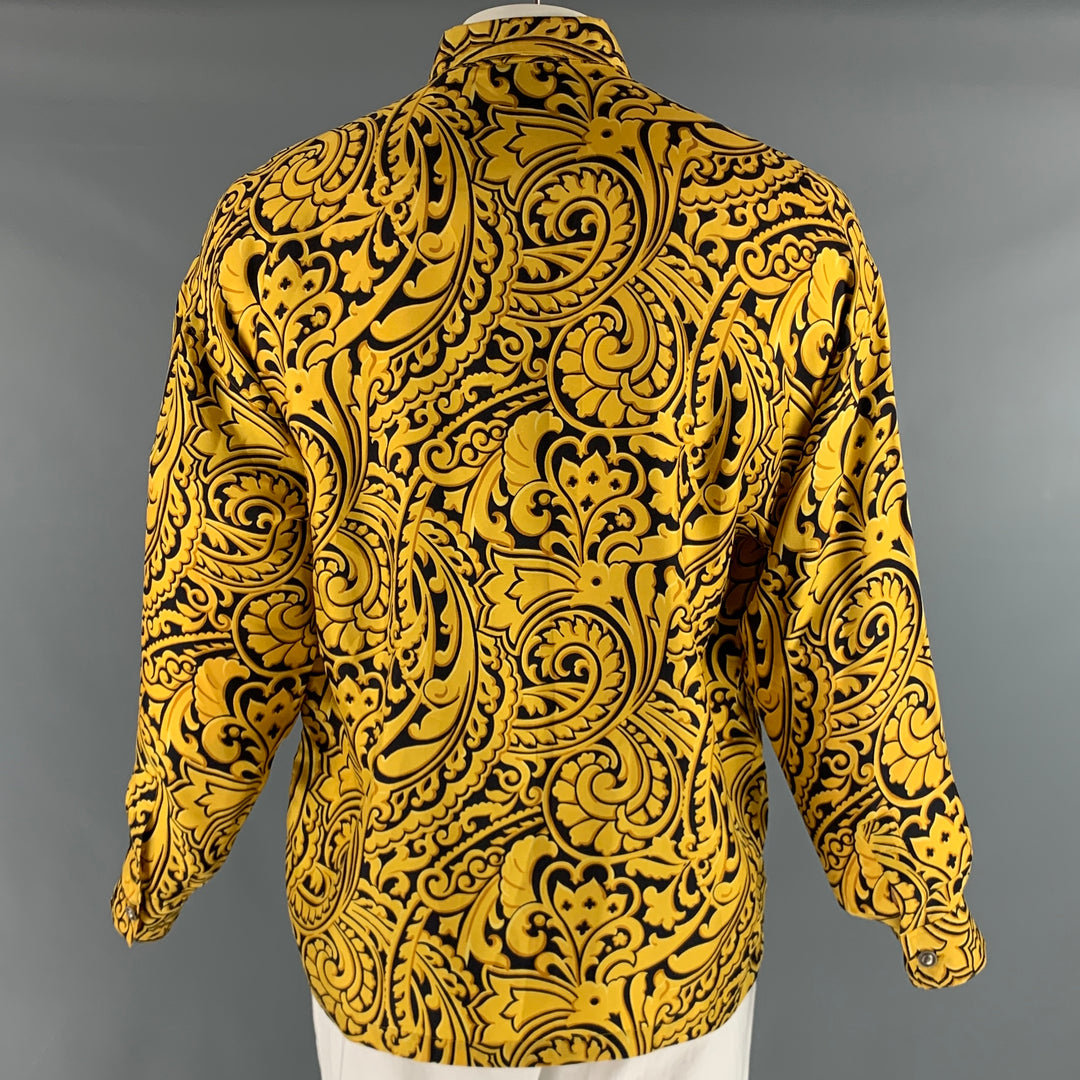 GIANNI VERSACE Talla XS Camisa de manga larga con tapeta oculta de seda con estampado dorado y negro