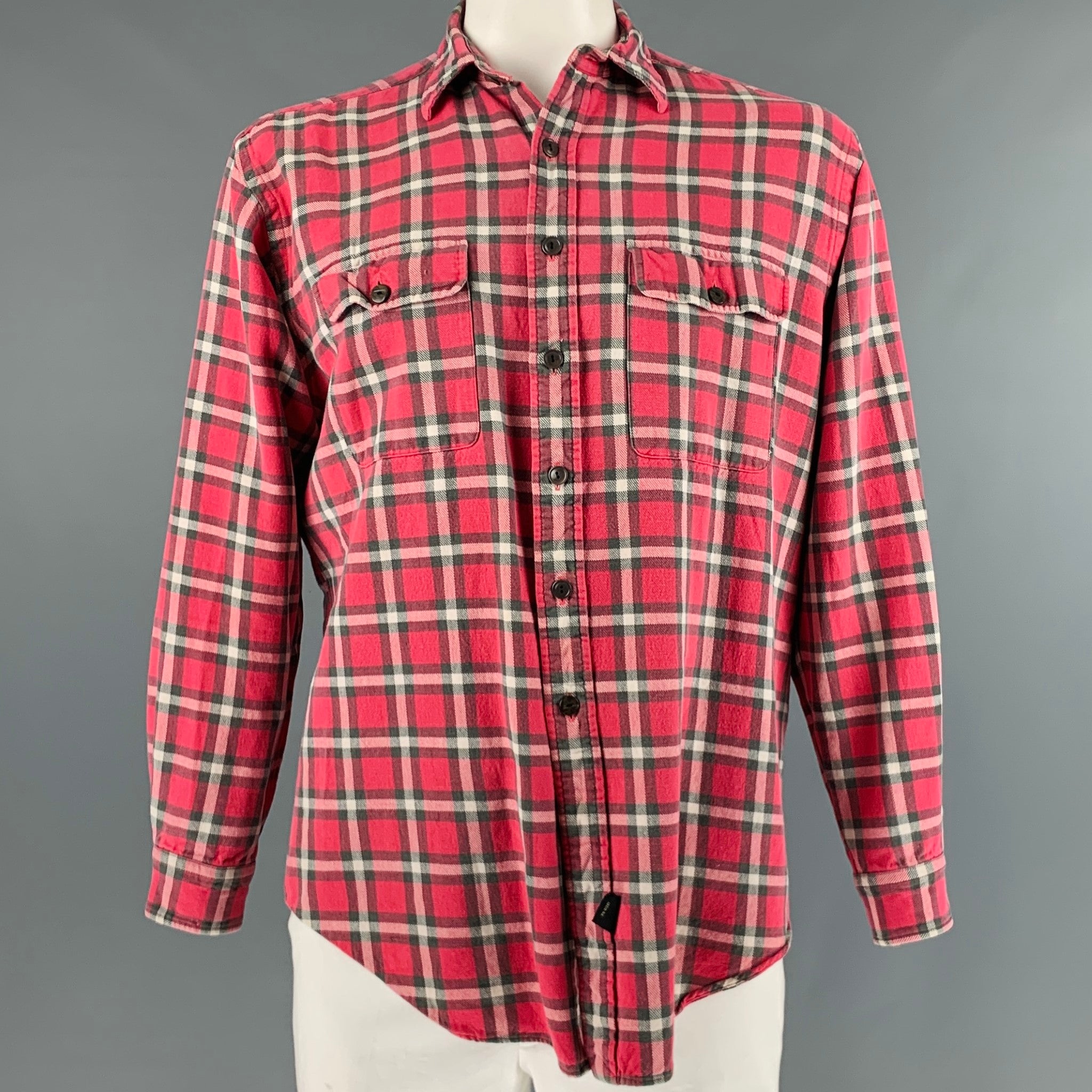 RRL by RALPH LAUREN Size L Red White Plaid Cotton Flannel Long Sleeve Shirt