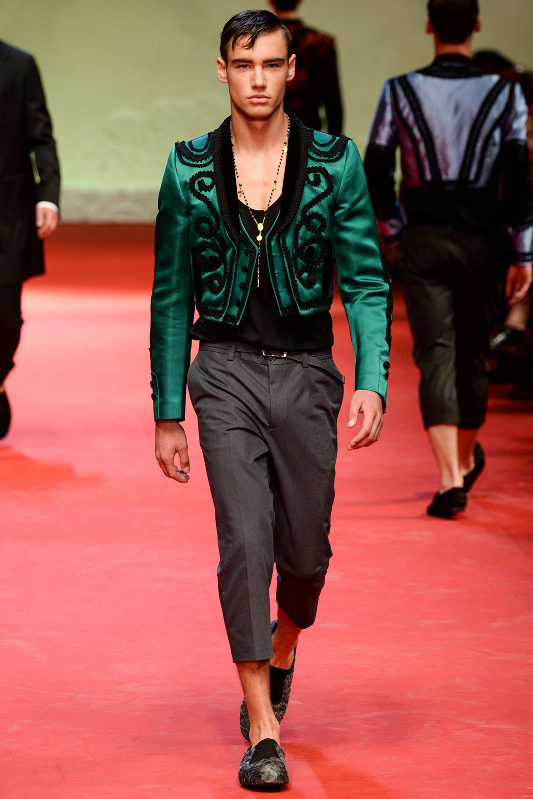 DOLCE & GABBANA S/S 15 Size 44 Emerald & Black Applique Silk Cropped Bull Fighter Jacket