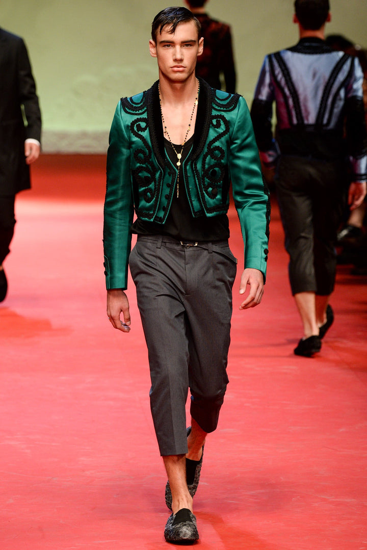 DOLCE & GABBANA SS 15 Size 40 Emerald Green Black Silk Embroidered Torero Vest Jacket