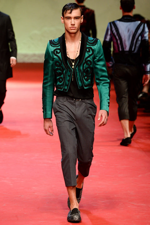 DOLCE &amp; GABBANA SS 15 Taille 40 Veste gilet Torero brodée en soie noire vert émeraude
