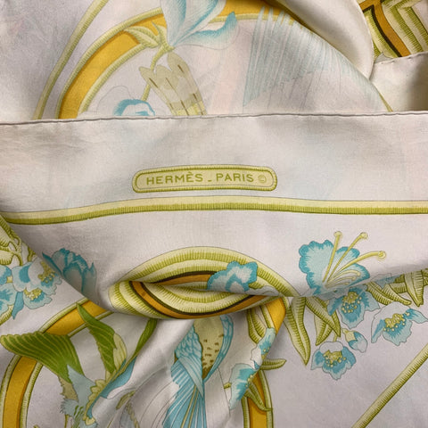 Vintage Caraibes HERMES Yellow & White Bird Print Silk Scarf