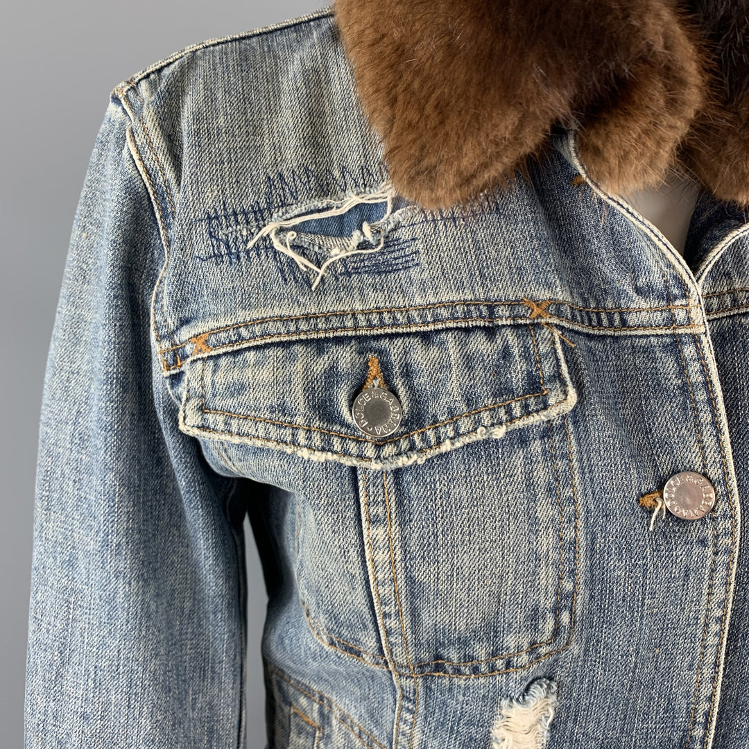 DOLCE & GABBANA Size 10 Blue Denim Fur Collar Trucker Jacket