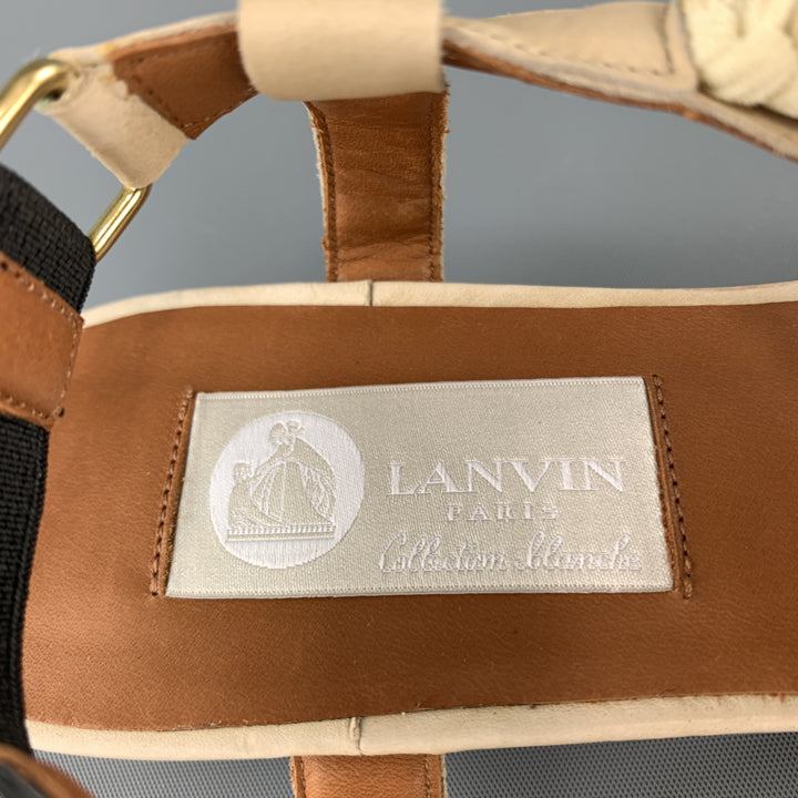 LANVIN Size 10 Beige Leather Faux Pearl Crochet Thong Sandals