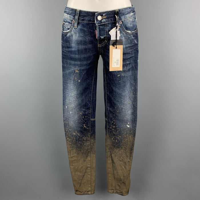 DSQUARED2 Size 2 Blue Cotton Paint Splattered Cuff Zipper Five Pockets Jeans