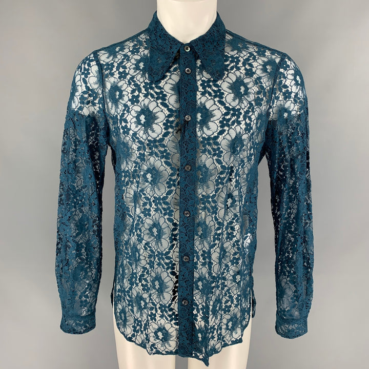 GUCCI S/S 16 Size L Teal Sheer Lace Polyamide Blend Long Sleeve Shirt