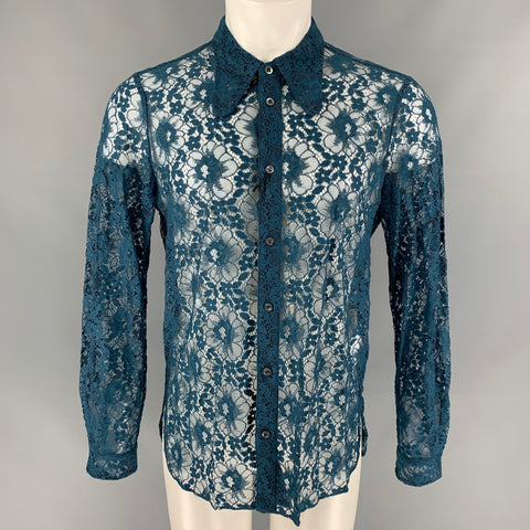 GUCCI S/S 16 Talla L Camisa de manga larga de mezcla de poliamida con encaje transparente verde azulado