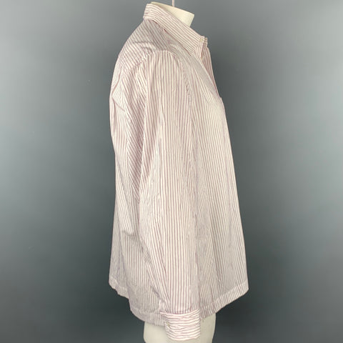 ISSEY MIYAKE Size L Beige & Red Stripe Wrinkled Polyester / Cotton Long Sleeve Shirt
