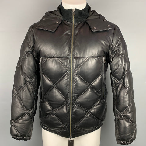 THEORY Size M Black Quilted Lamb Skin Leather Zip Up Hooded Jacket