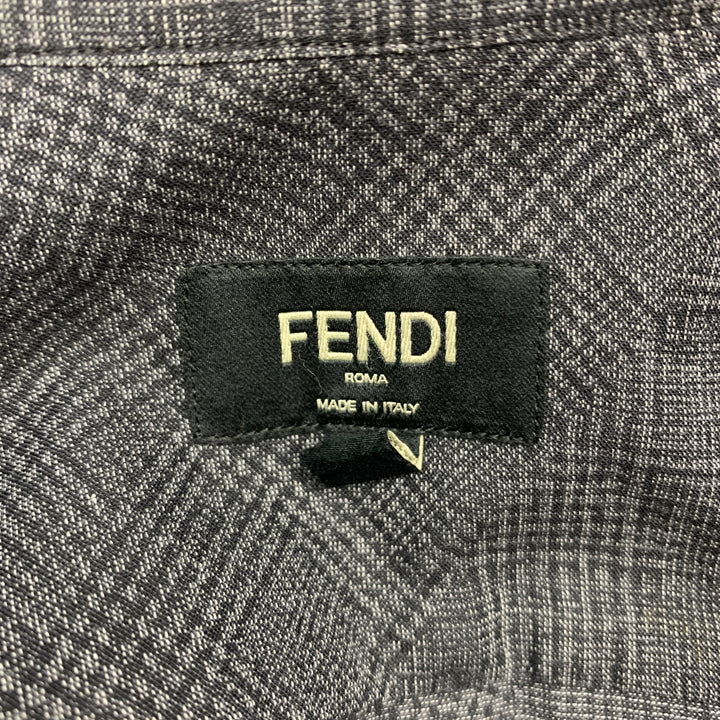 FENDI Taille S Chemise à manches longues en coton à carreaux gris et noir avec patte cachée