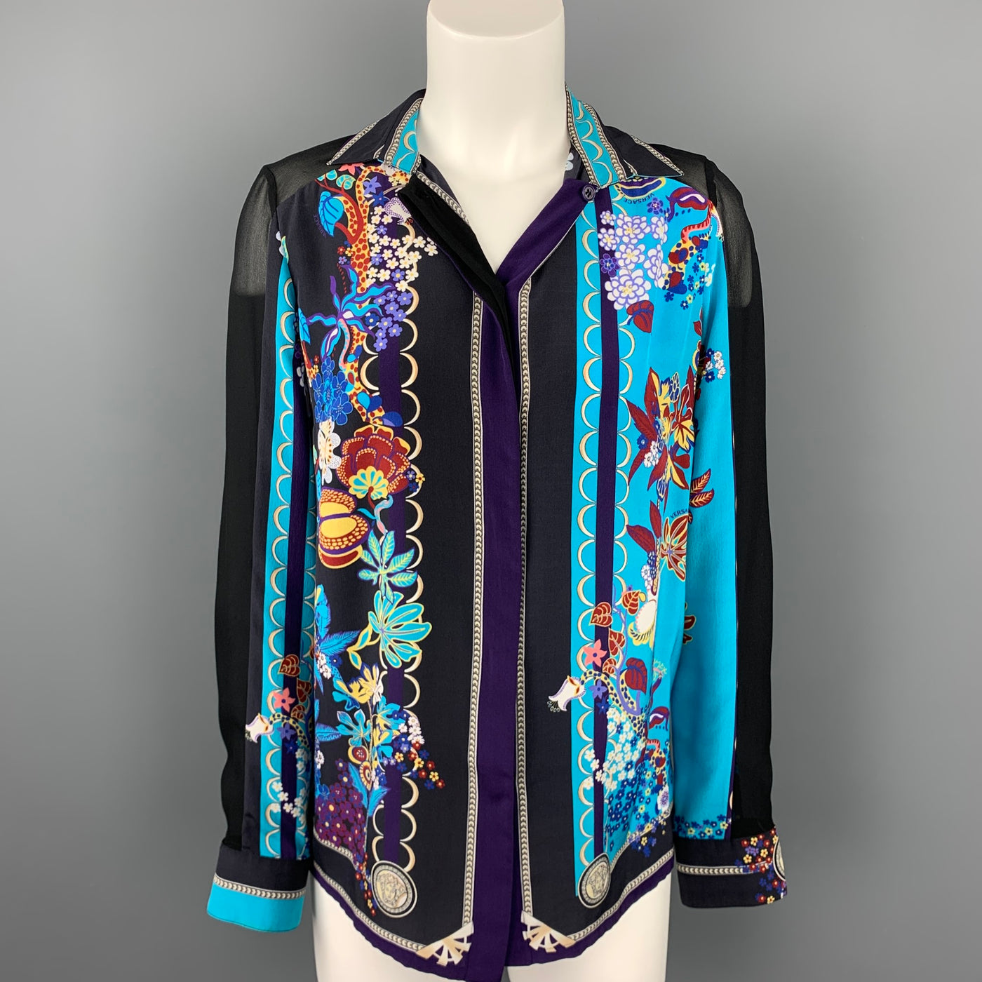 VERSACE Size 6 Multi-Color Floral Silk Buttoned Blouse
