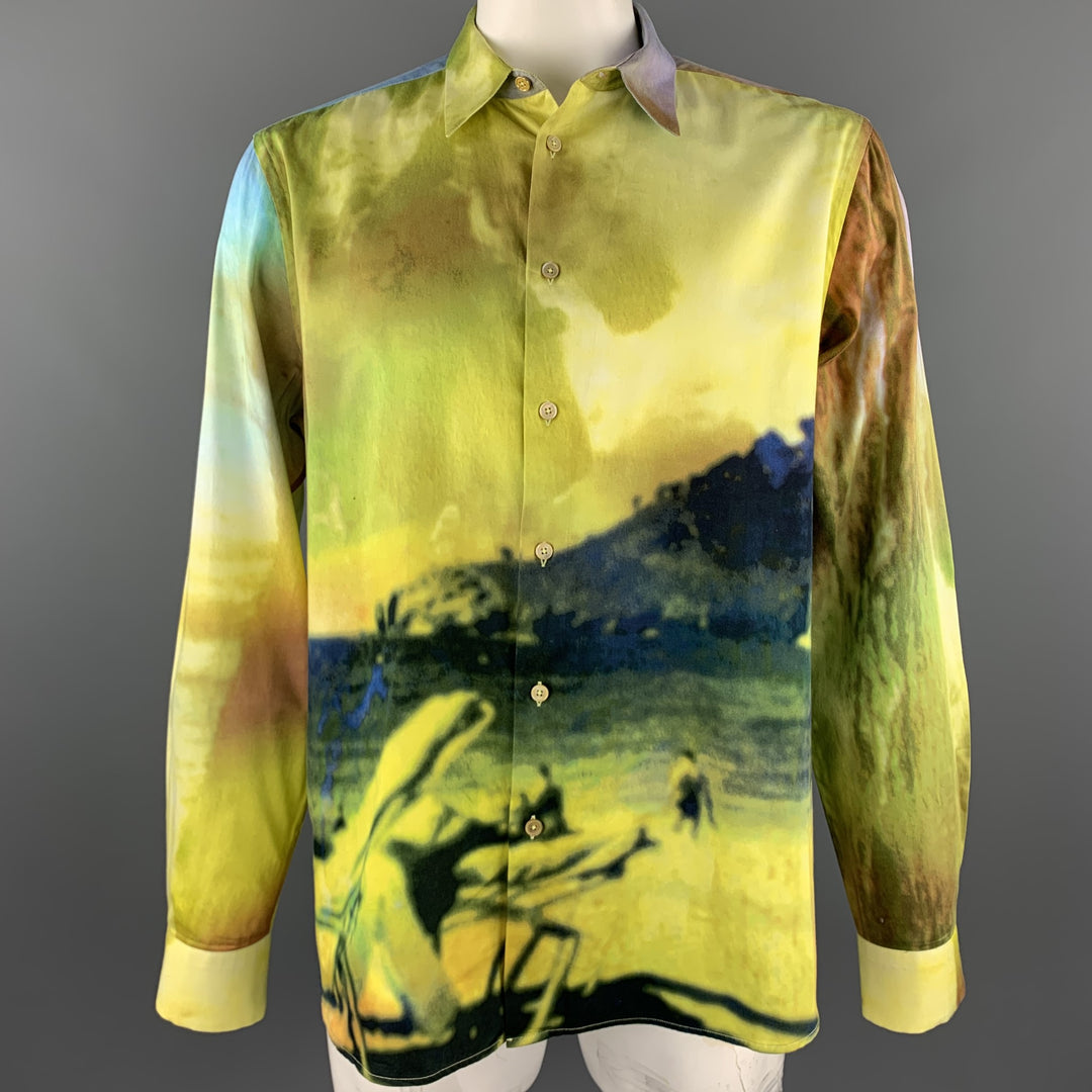 PAUL SMITH Taille XXL Chemise à manches longues boutonnée en coton imprimé paysage vert et jaune
