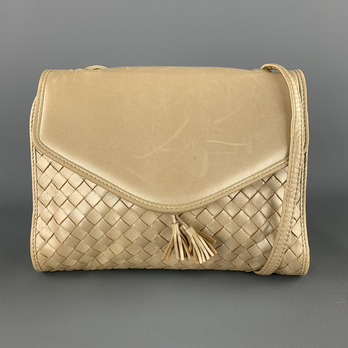 BOTTEGA VENETA Woven Champagne Metallic Intrecciato Leather Shoulder bag