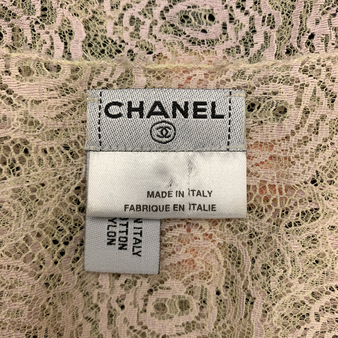CHANEL Size 10 Beige Lace Glitter CC Pink Patch Cruise 2004 Top