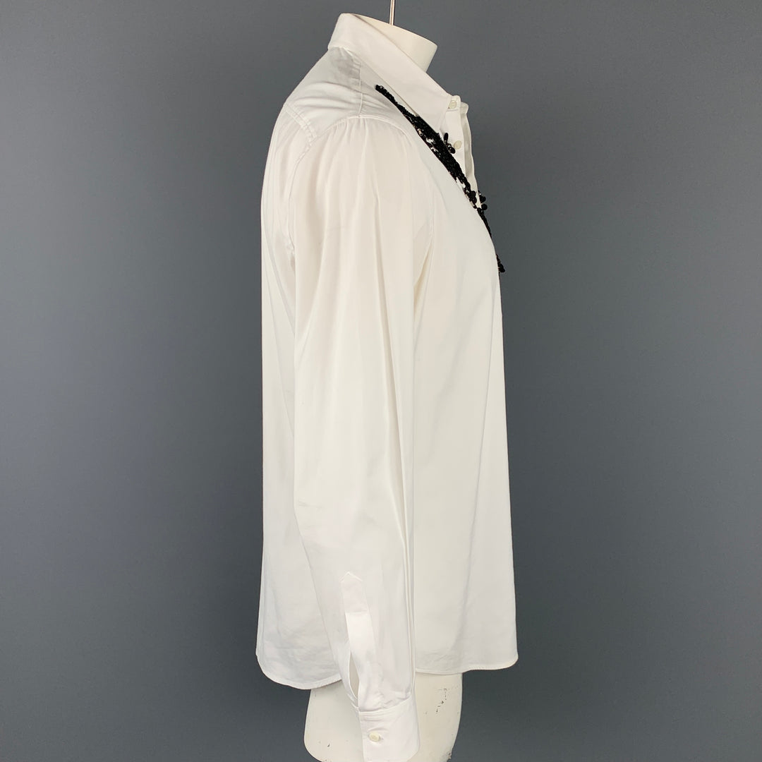 DSQUARED2 Size L White & Black Beaded Cotton Blend Long Sleeve Shirt
