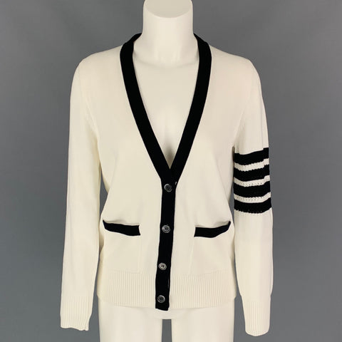 THOM BROWNE Size S White & Navy Knitted Cotton Cardigan
