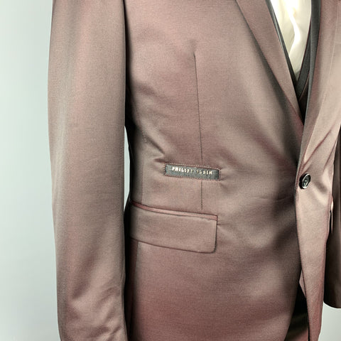 PHILIPP PLEIN Diamond Cut Size 44 Burgundy & Black Wool Blend 3 Piece Tuxedo Suit