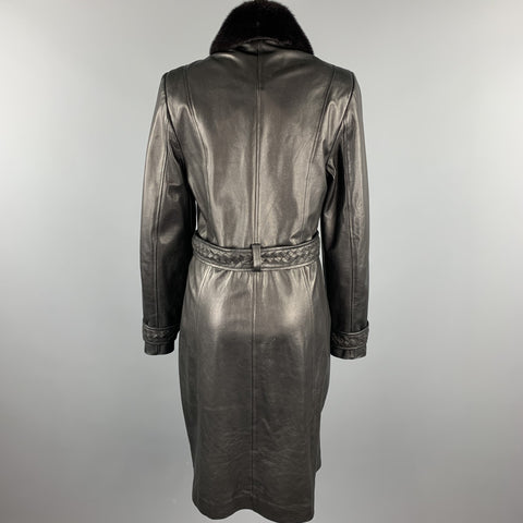 GIZIA Taille 4 Manteau à double boutonnage en cuir noir avec col en fourrure