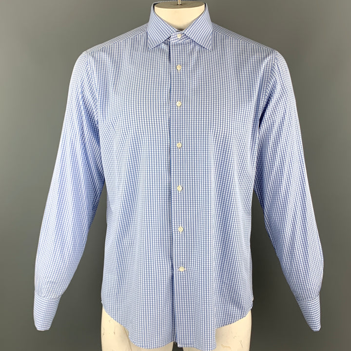 BREUER Size L Blue Checkered Cotton French Cuff Long Sleeve Shirt