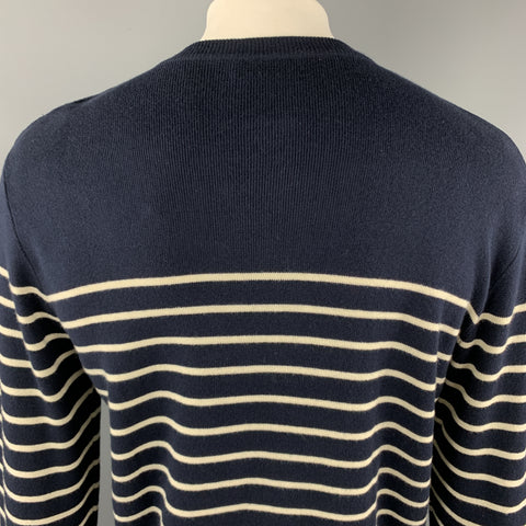 RALPH LAUREN Size XL Navy & Cream Stripe Cotton / Cashmere Side Buttons Pullover Sweater