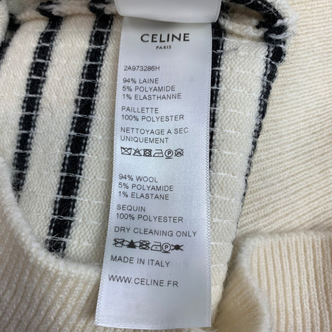 CELINE Pull Marin en Laine Rayé Paillettes Crème Taille S