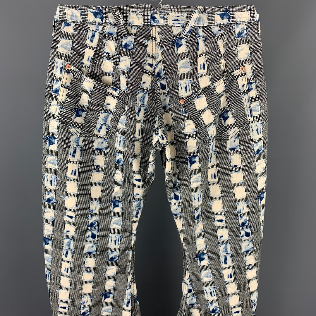 JOHN GALLIANO Talla 32 Pantalones de pierna curva con bragueta de botones de algodón con estampado negro y azul