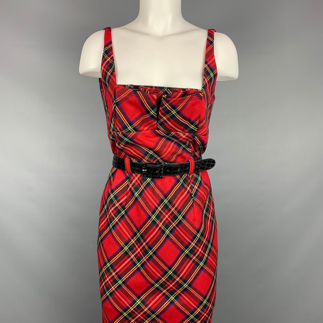 LAMB Size 10 Red Wool Plaid Faux Patent Leather Belted Dress Sui Generis Designer Consignment LAMB Size 10 Red Wool Plaid Faux Patent Leather Belted Dress Sui Generis Designer Consignment