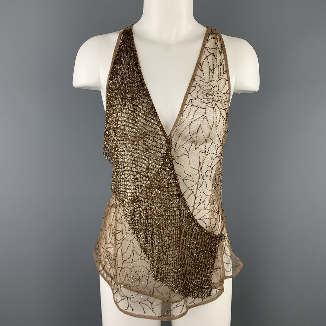 RALPH LAUREN Size 8 Beige Beaded Tulle Wrapped Top