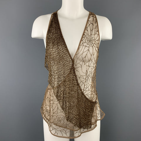 RALPH LAUREN Size 8 Beige Beaded Tulle Wrapped Top