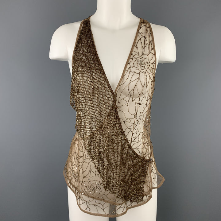RALPH LAUREN Size 8 Beige Beaded Tulle Wrapped Top