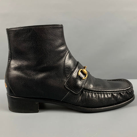 GUCCI Size 9.5 Black Embroidery Leather Square Toe Boots