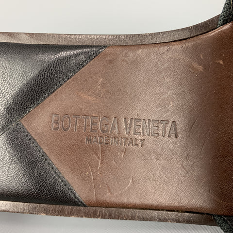 BOTTEGA VENETA Size 7.5 Navy Blue Black Beaded Canvas Strap Brown Leather Sandals