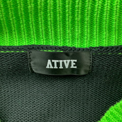 ATIVE Size L Black & Green Knitted Cotton V-Neck Sweater