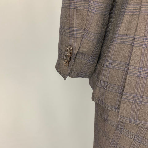 KITON Size 44 Brown Blue Plaid Cashmere Notch Lapel Suit