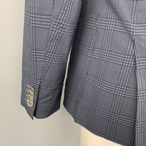 HUGO BOSS Size 38 Regular Navy Plaid Wool Blend Notch Lapel Sport Coat