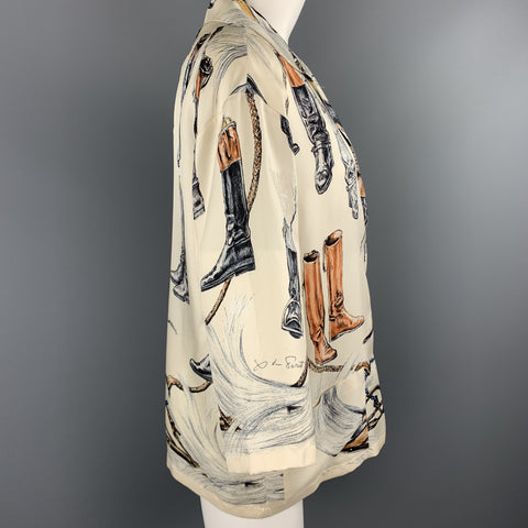 HERMES Size 6 Cream Silk Equestrian A PROPES DE BOTTES Print Blouse