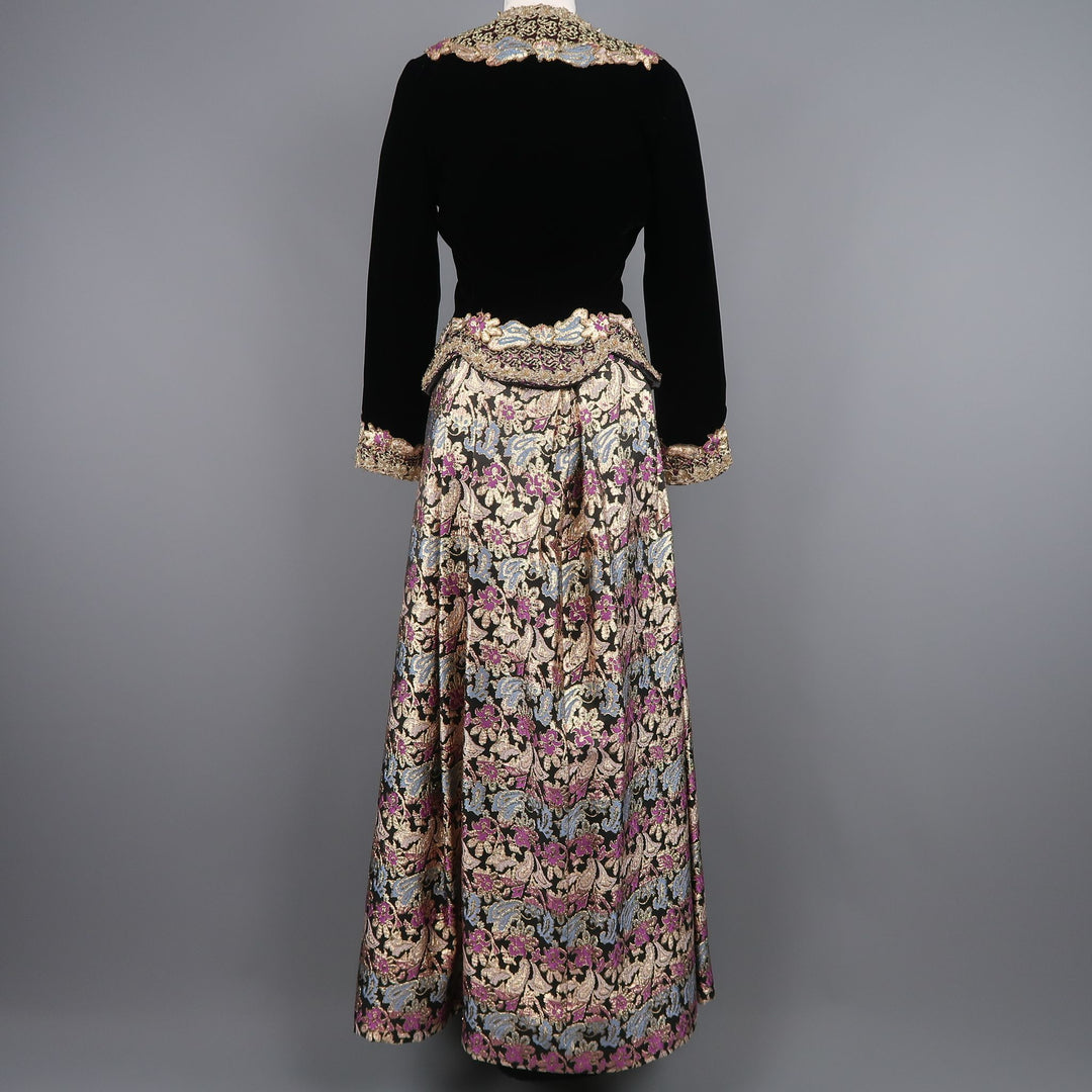 Vintage VICTOR COSTA Size US 8 Black Velvet & Gold Damask Jacket & Skirt