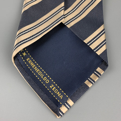 ERMENEGILDO ZEGNA Navy & Taupe Diagonal Stripe Silk Tie