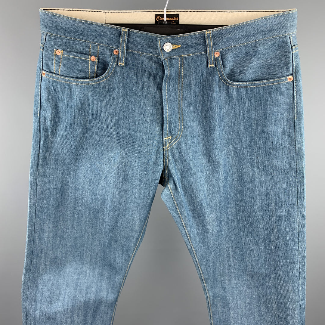 CIVILIANAIRE Size 34 Blue Contrast Stitch Selvedge Denim Zip Fly Jeans