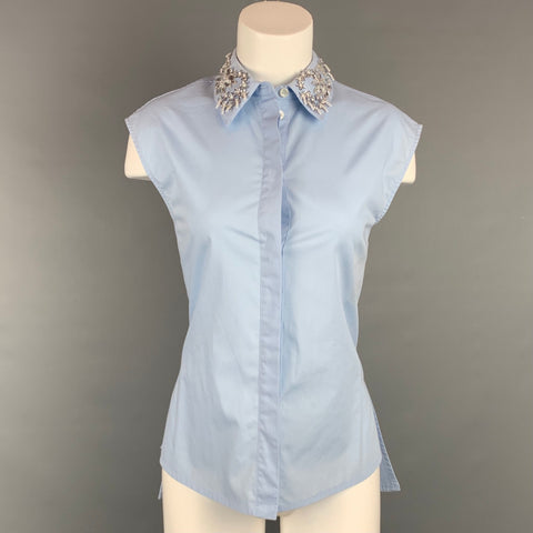 PACO RABANNE Size 2 Light Blue Poplin Cotton Beaded Collar Blouse