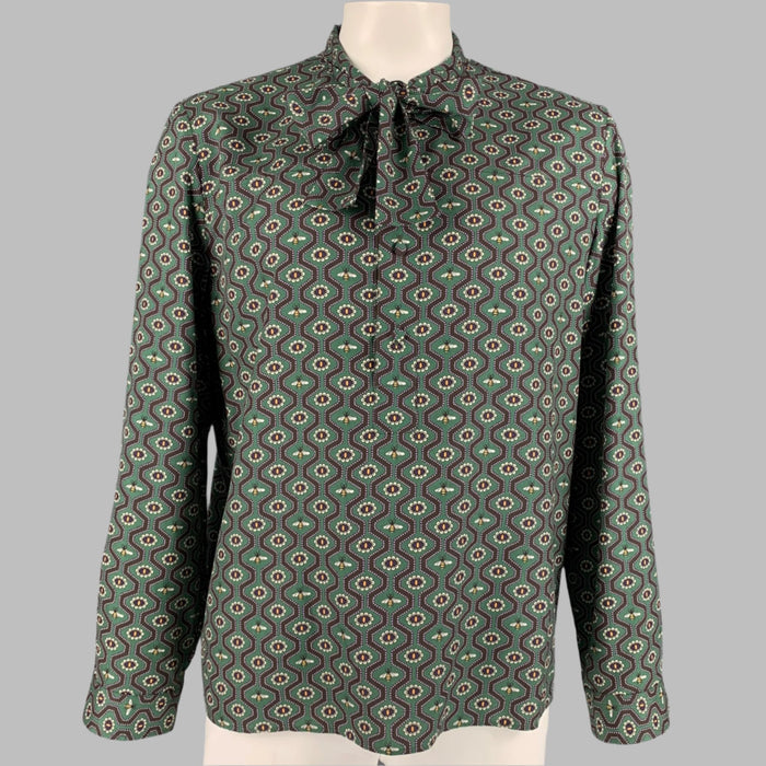 GUCCI Cambridge Size XL Green & Purple Pearl Eyes Print Cotton Button Up Long Sleeve Shirt